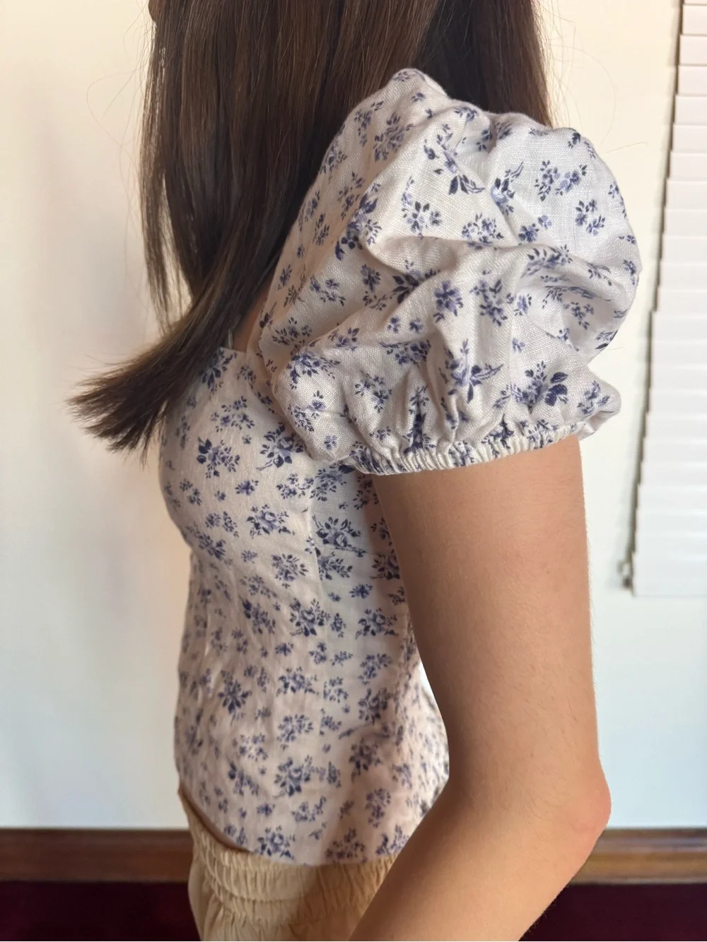 Reformation Cream Top with Blue Floral Print and Puff Sleeves